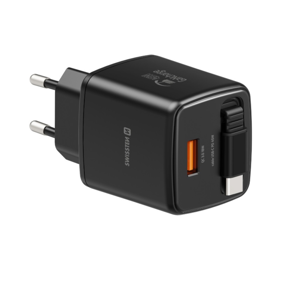SWISSTEN síťový adaptér SlideCHARGE GaN 45W, 1x USB-A 18W se zatahovacím USB-C kabelem 0.75m - černý