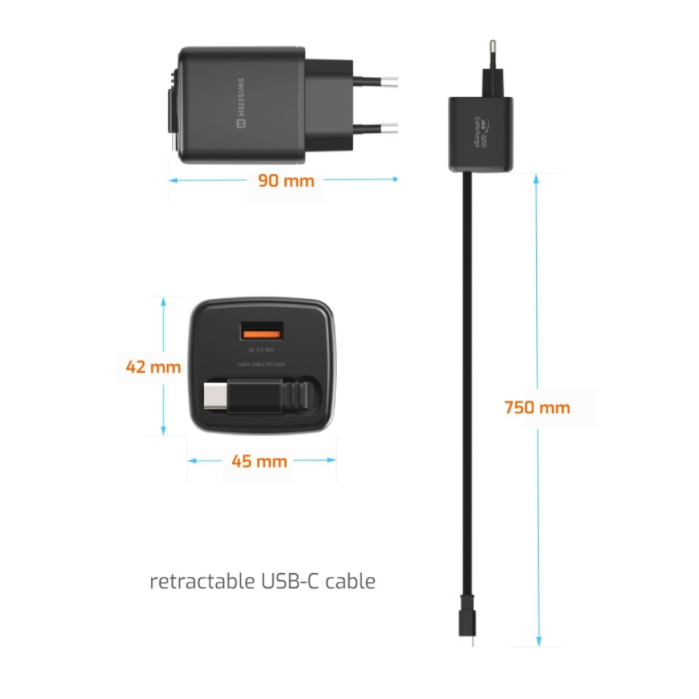 SWISSTEN síťový adaptér SlideCHARGE GaN 45W, 1x USB-A 18W se zatahovacím USB-C kabelem 0.75m - černý