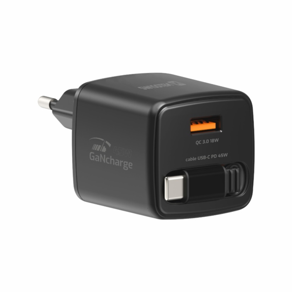 SWISSTEN síťový adaptér SlideCHARGE GaN 45W, 1x USB-A 18W se zatahovacím USB-C kabelem 0.75m - černý