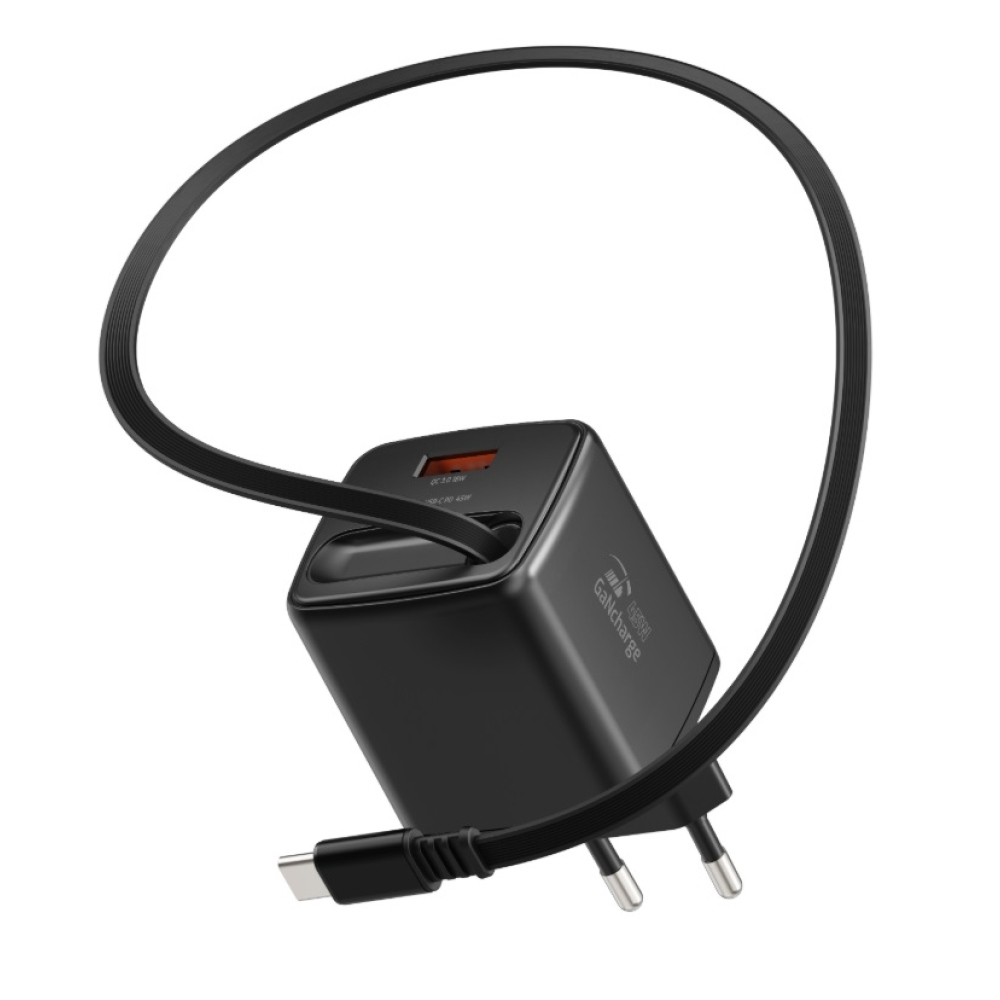 SWISSTEN síťový adaptér SlideCHARGE GaN 45W, 1x USB-A 18W se zatahovacím USB-C kabelem 0.75m - černý