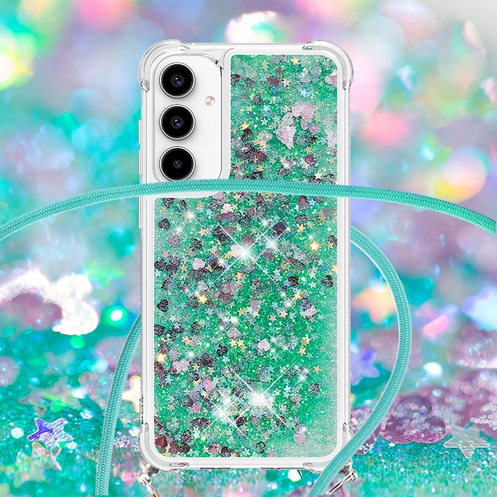 Glitters přesýpací gelový obal se šňůrkou na Samsung Galaxy A36 5G - zelený/srdíčka