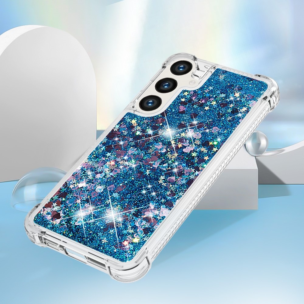 Glitter přesýpací gelový obal na Samsung Galaxy S24 - modrý/srdíčka