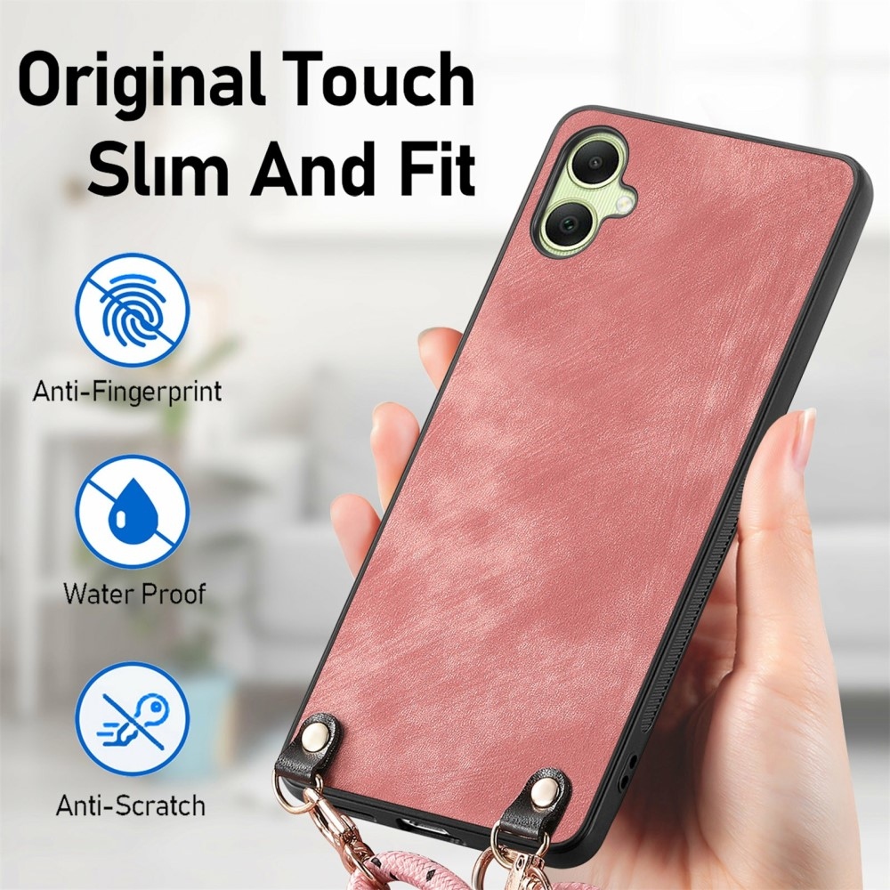 Retro gelový obal se šňůrkou a s umělou kůží na Samsung Galaxy A06 4G - růžový