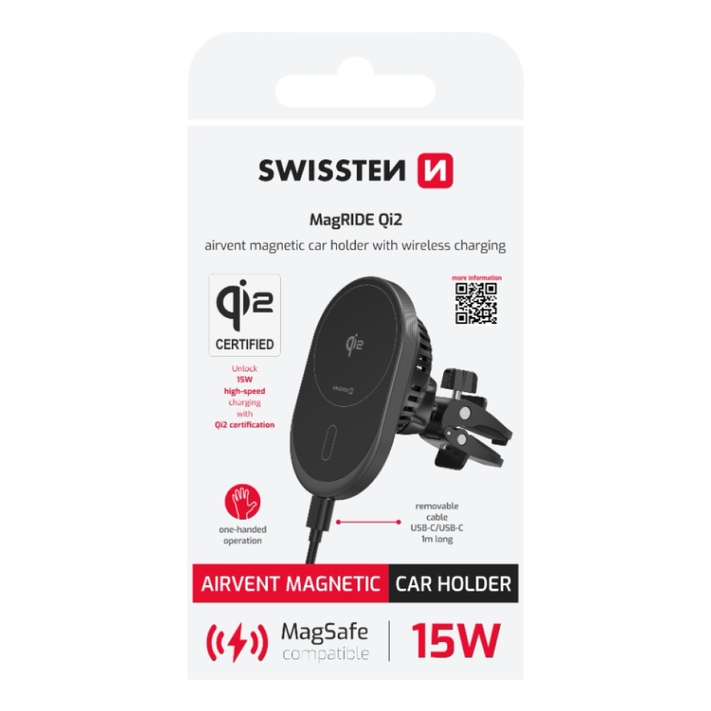 Swissten magnetický držák do ventilace Magride s bezdrátovým nabíjením QI2 15W (kompatibilní s magsafe)
