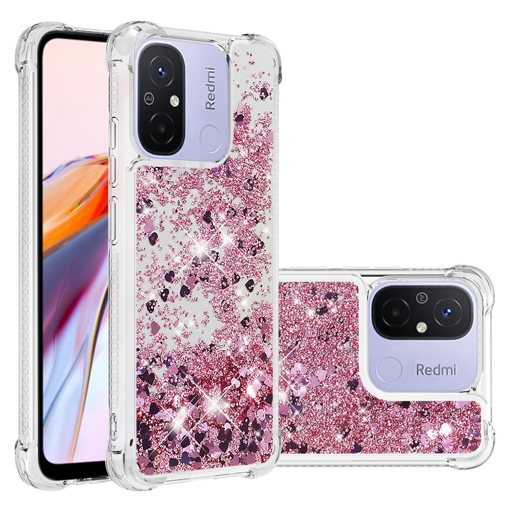 Glitter přesýpací gelový obal na Xiaomi Redmi 12C - růžovozlatý/srdíčka