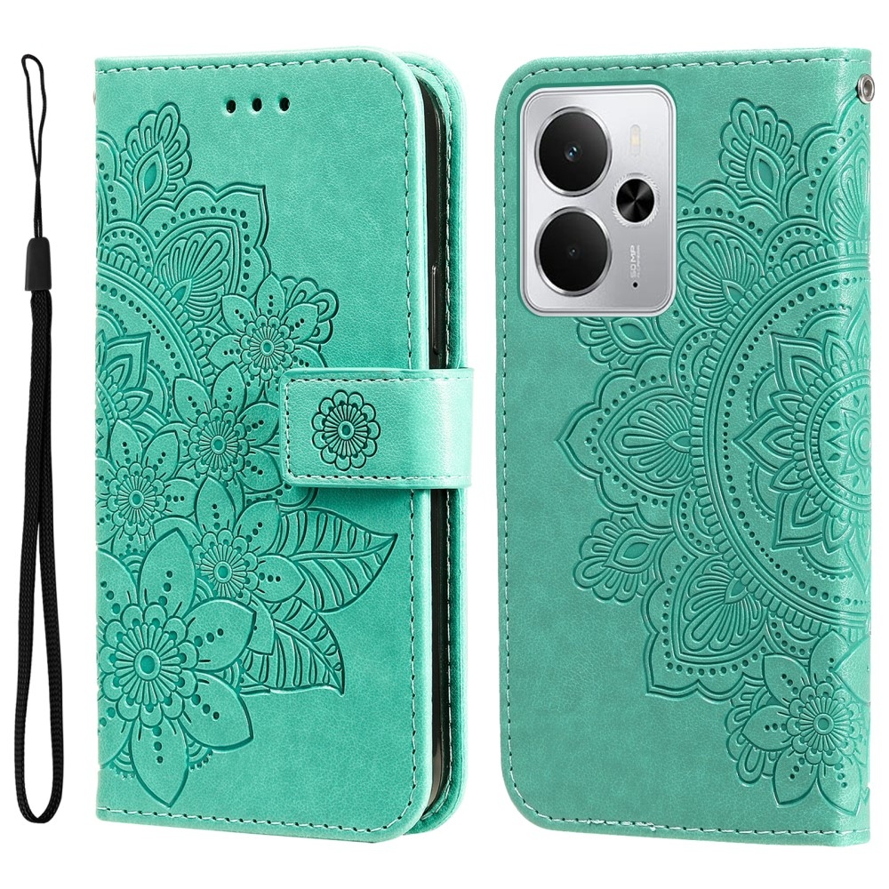 Floral knížkové pouzdro na Realme 14 5G - modrozelené