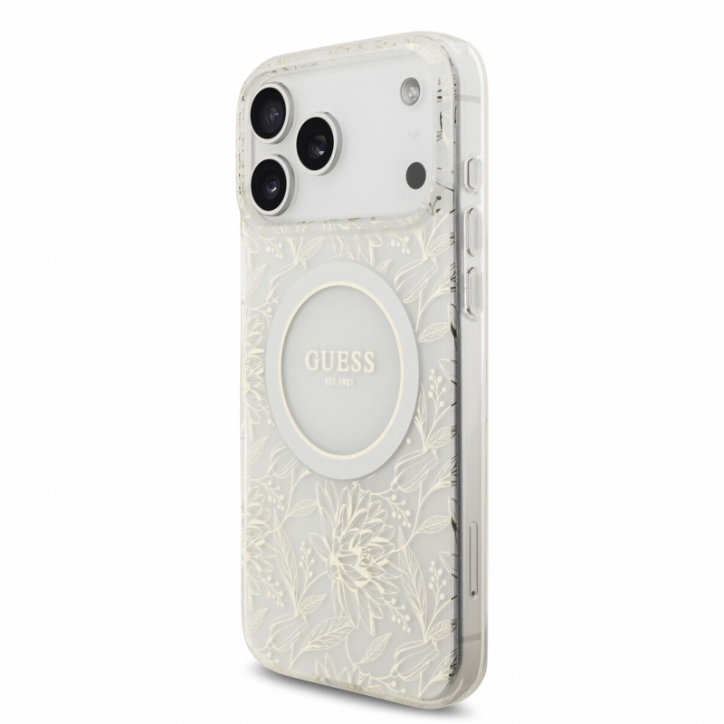 Guess IML Flowers Allover Strap MagSafe Zadní Kryt pro iPhone 18 Pro Max White