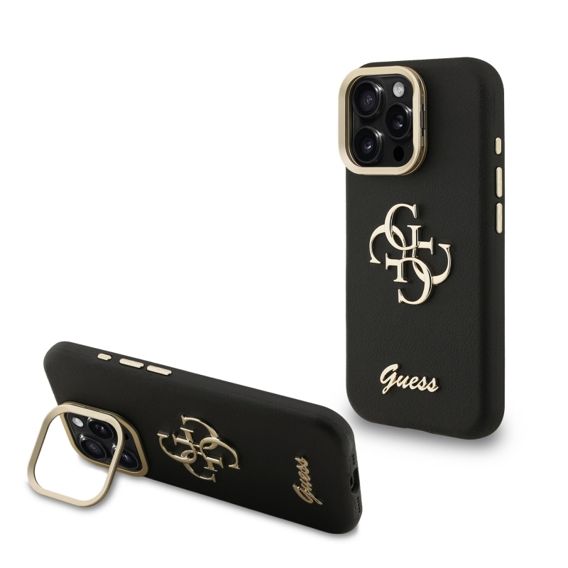 Guess PU Grained 4G Logo Stand Camera Frame Zadní Kryt pro iPhone 16 Pro Black