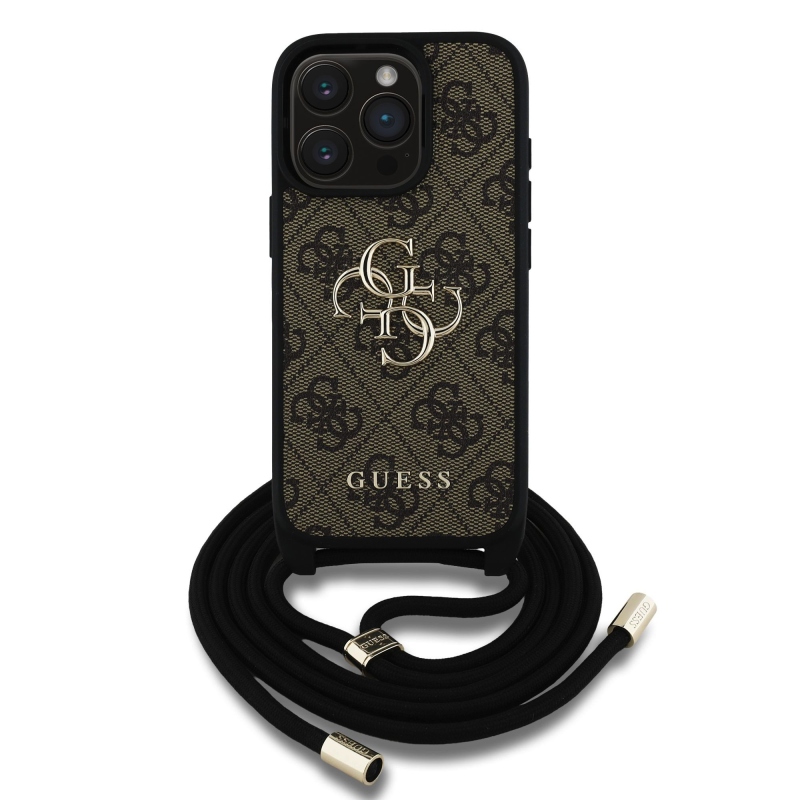 Guess PU 4G Metal Logo Crossbody Popruh Zadní Kryt pro iPhone 15 Pro Brown