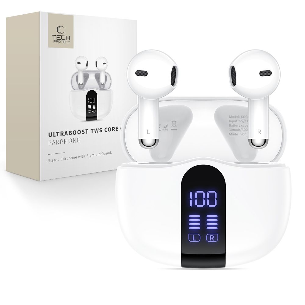 Tech-Protect bezdrátová sluchátka UltraBoost TWS Earphone Core G2  - bílé