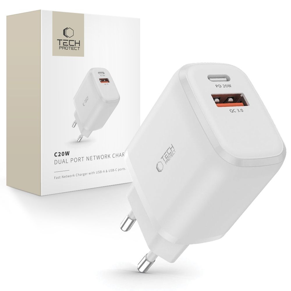 Tech-Protect C20W 2-portová nabíječka do sítě PD20W/QC3.0 - bílá