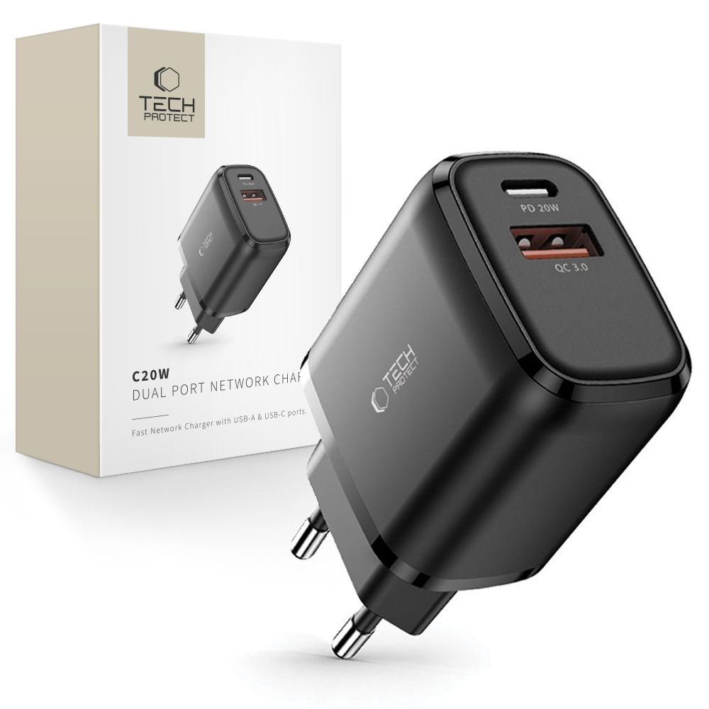 Tech-Protect C20W 2-portová nabíječka do sítě PD20W/QC3.0 - černá