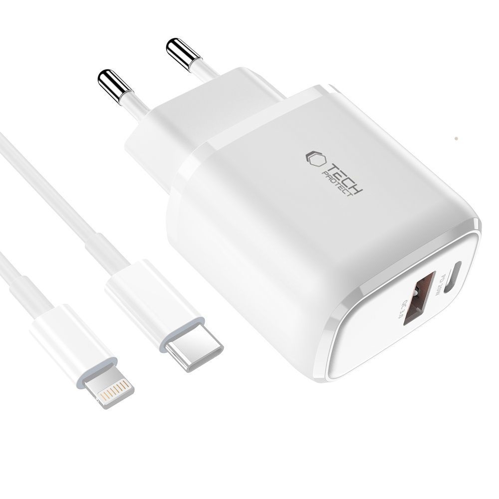 Tech-Protect C20W PD20W/QC3.0 2-portová nabíječka + USB-C / Lightning kabel - bílá