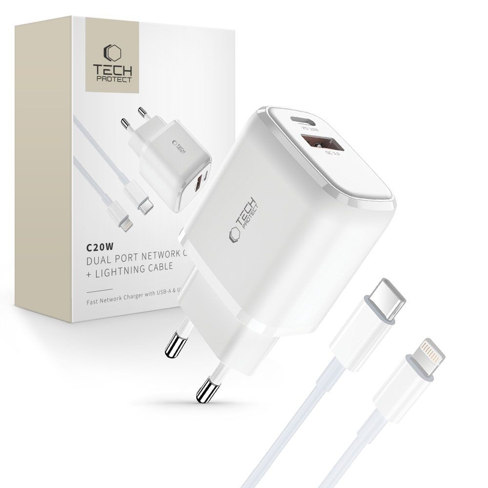 Tech-Protect C20W PD20W/QC3.0 2-portová nabíječka + USB-C / Lightning kabel - bílá