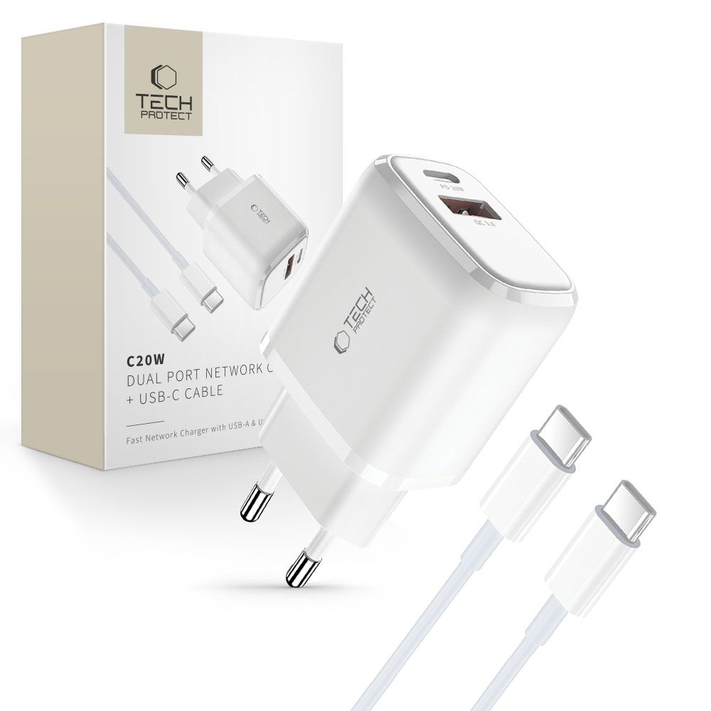 Tech-Protect C20W PD20W/QC3.0 2-portová nabíječka + USB-C / USB-C kabel - bílá