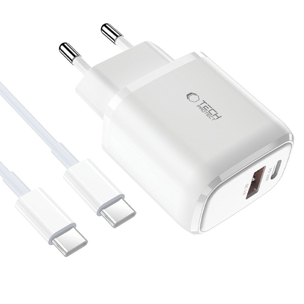 Tech-Protect C20W PD20W/QC3.0 2-portová nabíječka + USB-C / USB-C kabel - bílá