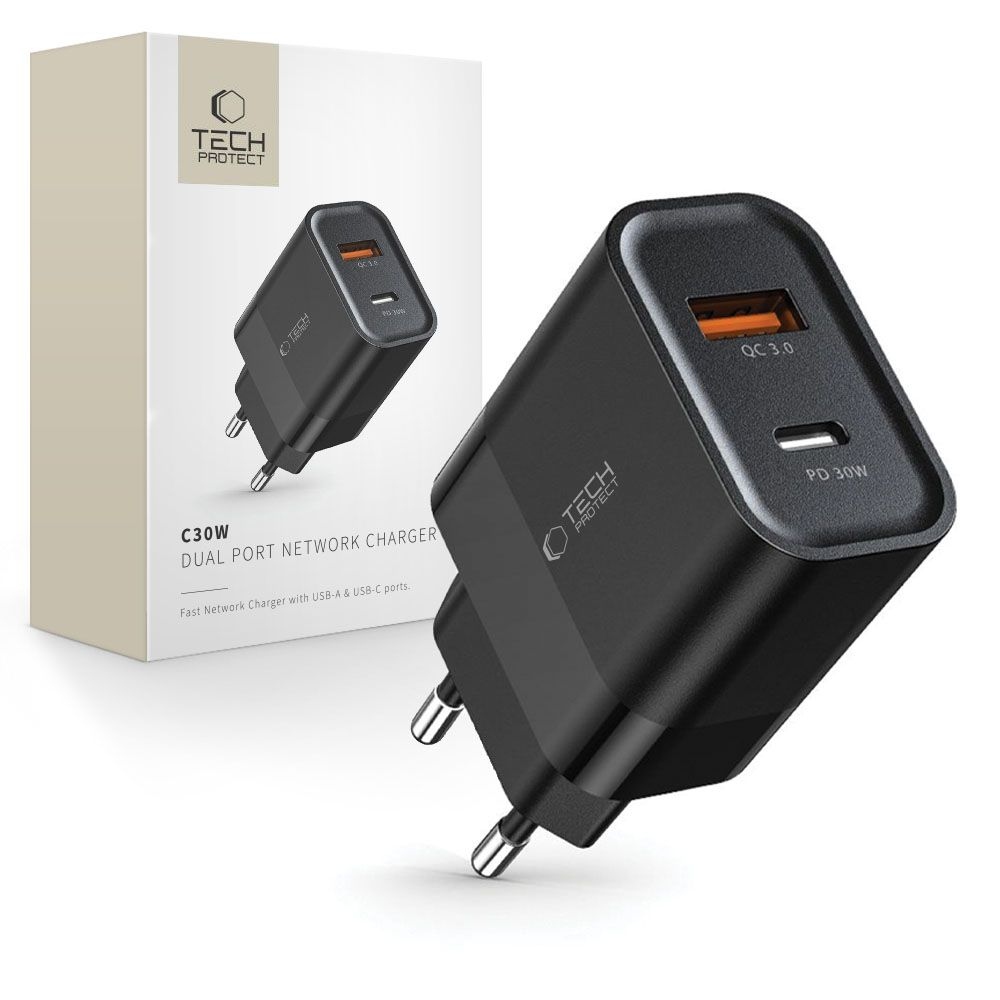 Tech-Protect C30W 2-portová nabíječka do sítě PD30W/QC3.0 - černá