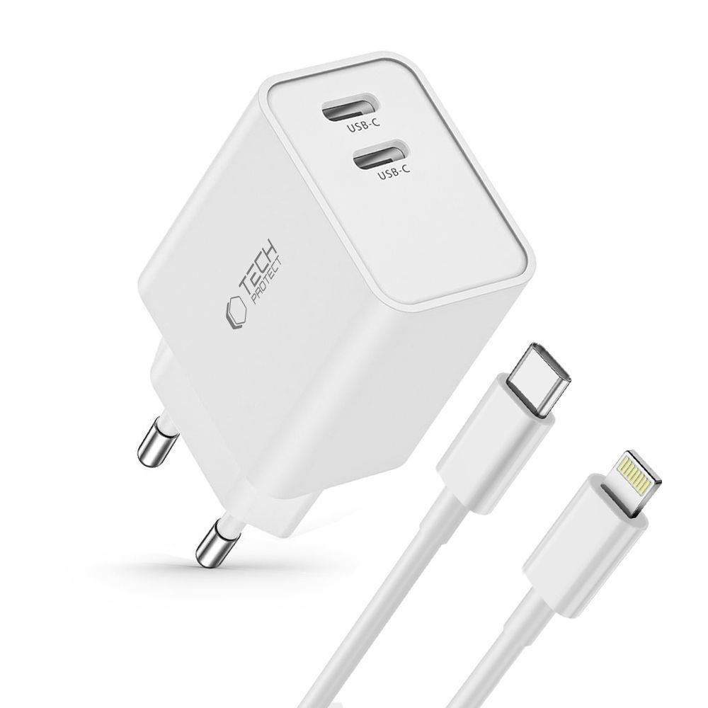 Tech-Protect C35W 2-portová nabíječka PD35W + Lightning/USB-C kabel - bílá