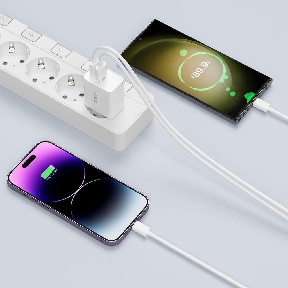 Tech-Protect C35W 2-portová nabíječka PD35W + Lightning/USB-C kabel - bílá