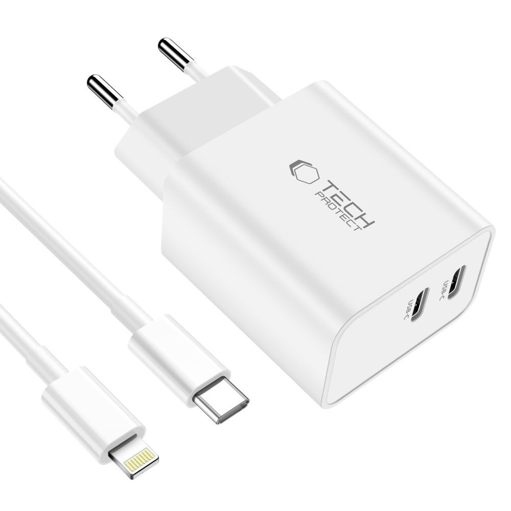 Tech-Protect C35W 2-portová nabíječka PD35W + Lightning/USB-C kabel - bílá
