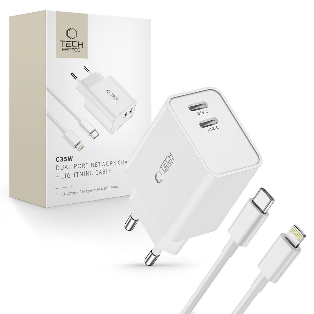 Tech-Protect C35W 2-portová nabíječka PD35W + Lightning/USB-C kabel - bílá