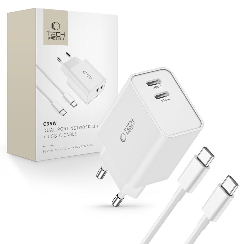Tech-Protect C35W 2-portová nabíječka PD35W + USB-C/USB-C kabel - bílá