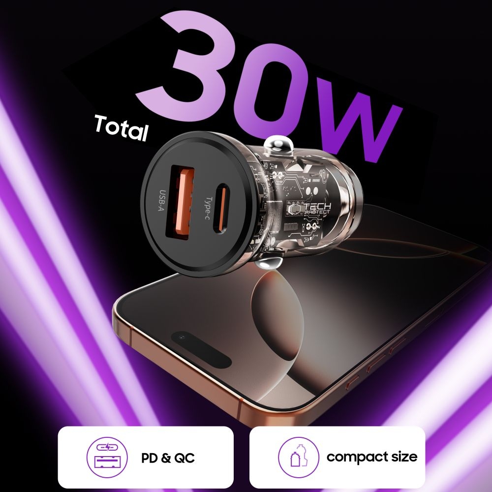 Tech-Protect CC01 PD30W/QC3.0 2-portová nabíječka do auta - černá