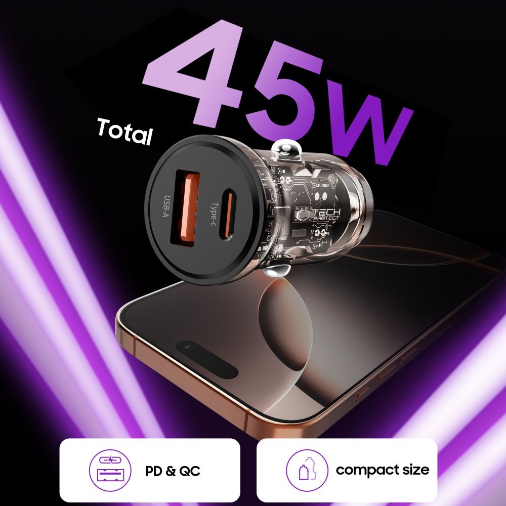 Tech-Protect CC01 PD45W/QC3.0 2-portová nabíječka do auta - černá