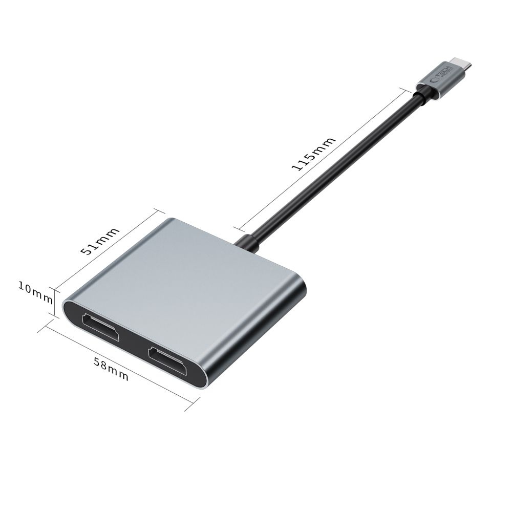 Tech-Protect HB08 Hub adaptér 4v1 USB-C USB2.0 2xHDMI 4K 60Hz - šedý