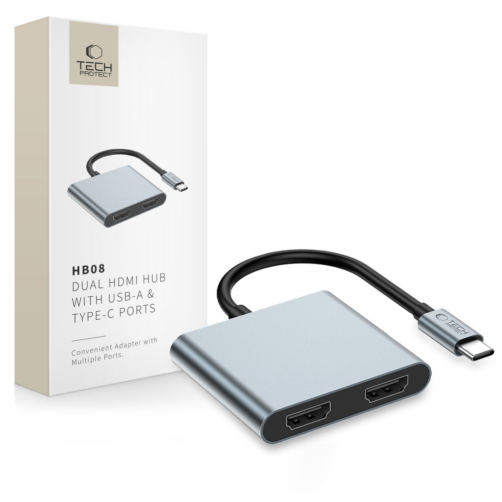 Tech-Protect HB08 Hub adaptér 4v1 USB-C USB2.0 2xHDMI 4K 60Hz - šedý