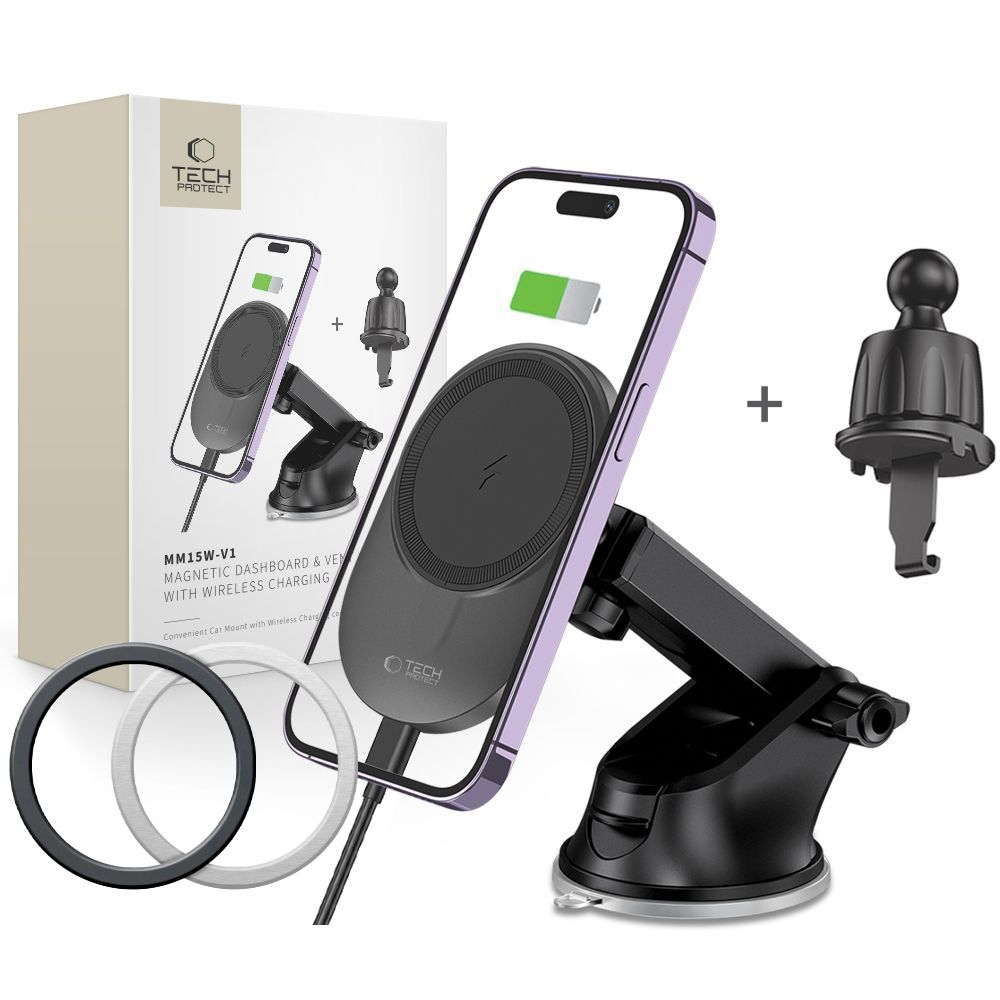 Tech-Protect MM15W-V1 MagSafe bezdrátový nabíjecí držák na palubní desku i ventilaci - černý