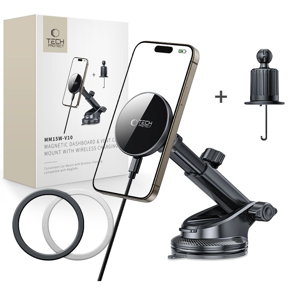 Tech-Protect MM15W-V10 MagSafe bezdrátový nabíjecí držák na palubní desku i ventilaci - černý