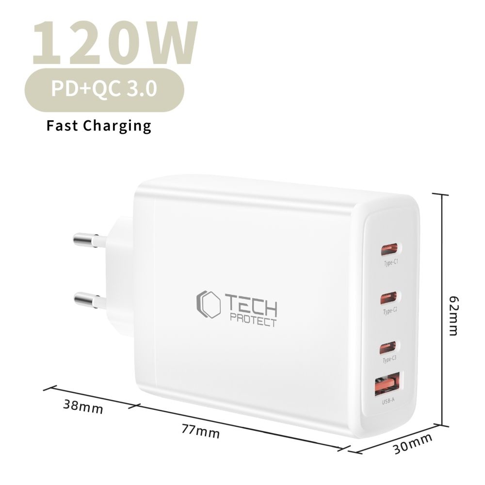 Tech-Protect NC120W-GAN 4-portová nabíječka PD120W/QC3.0 - bílá
