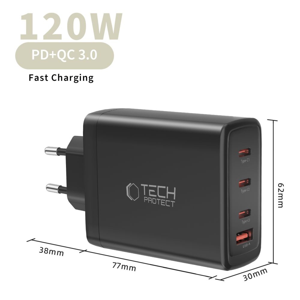 Tech-Protect NC120W-GAN 4-portová nabíječka PD120W/QC3.0 - černá