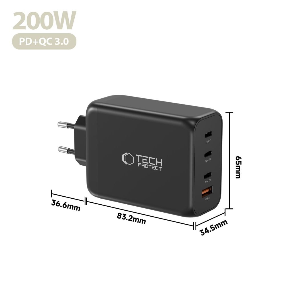 Tech-Protect NC200W-GAN 4-portová nabíječka PD200W/QC3.0 - černá