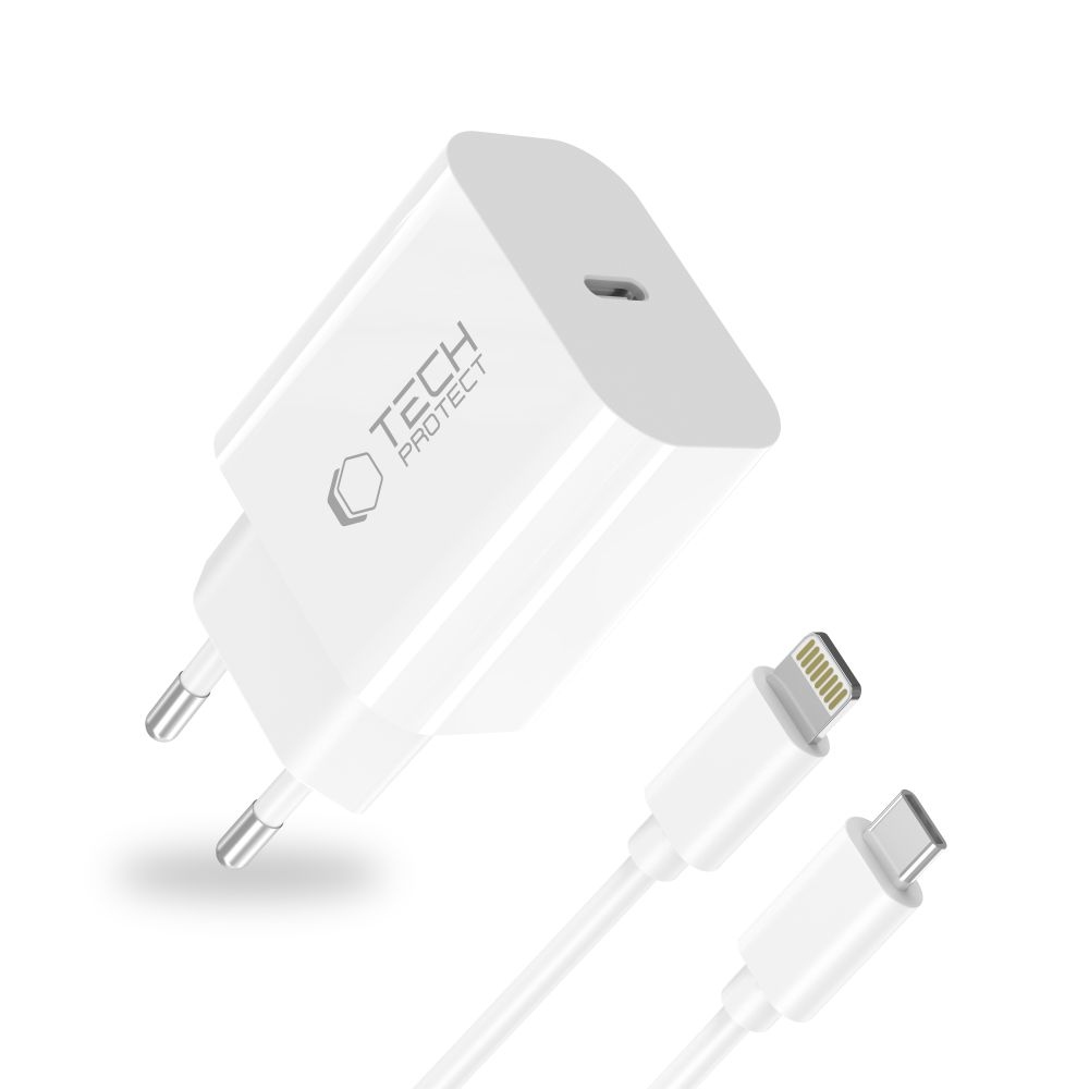 Tech-Protect NC20W síťová nabíječka PD 20W + Lightning/USB-C kabel – bílá