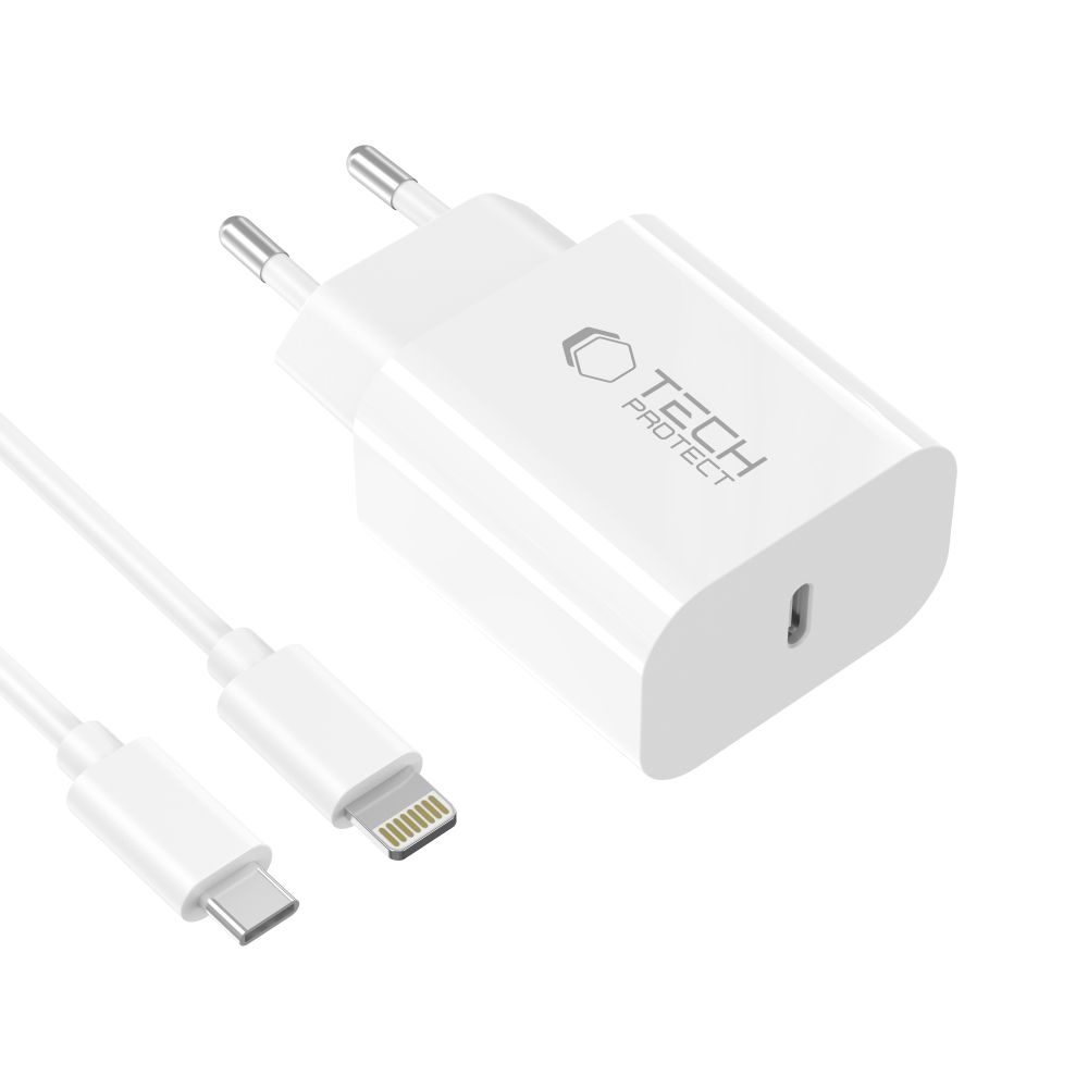 Tech-Protect NC20W síťová nabíječka PD 20W + Lightning/USB-C kabel – bílá