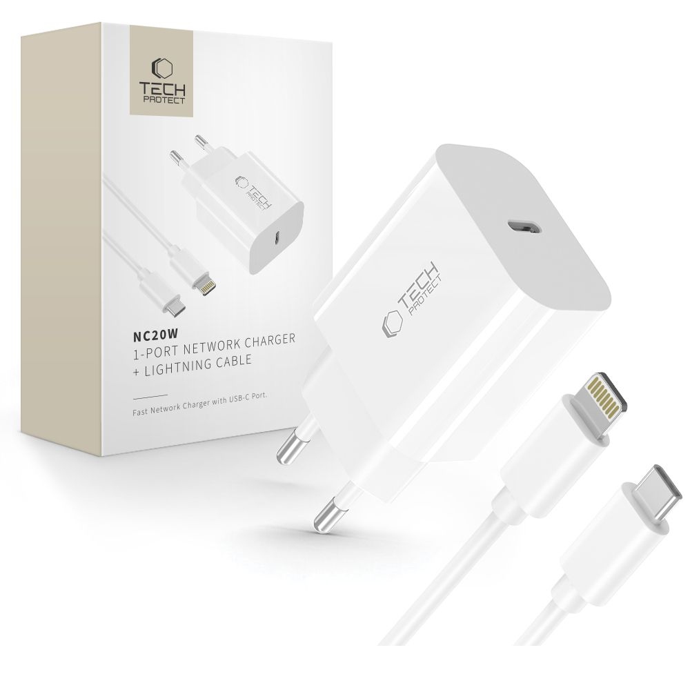 Tech-Protect NC20W síťová nabíječka PD 20W + Lightning/USB-C kabel – bílá