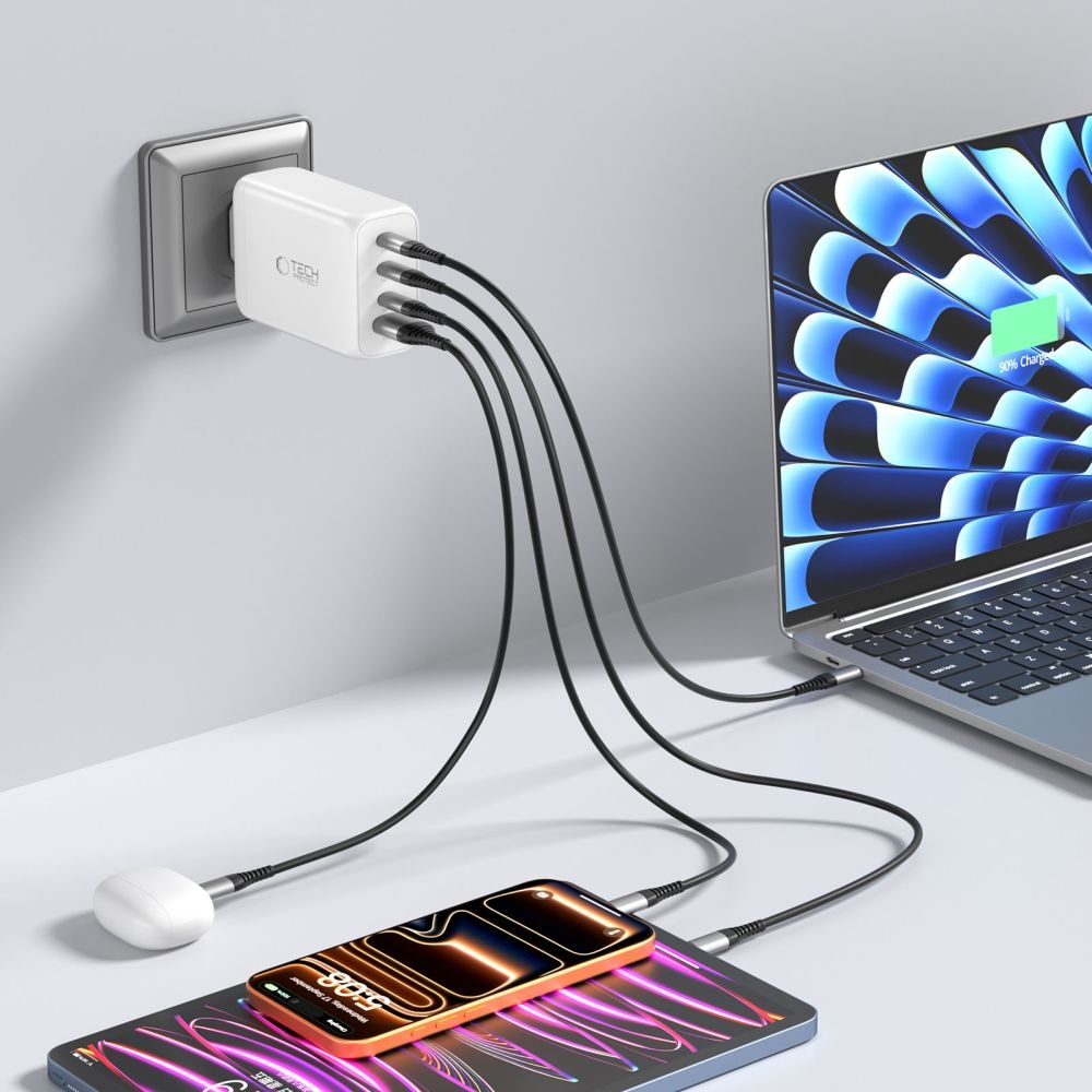 Tech-Protect NC240W-GAN 4-portová nabíječka PD240W/QC3.0 - bílá