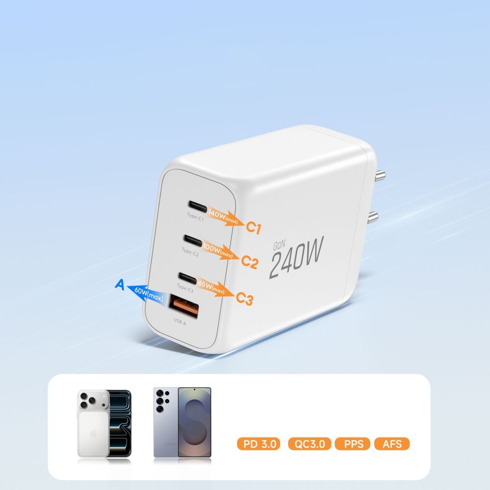 Tech-Protect NC240W-GAN 4-portová nabíječka PD240W/QC3.0 - bílá