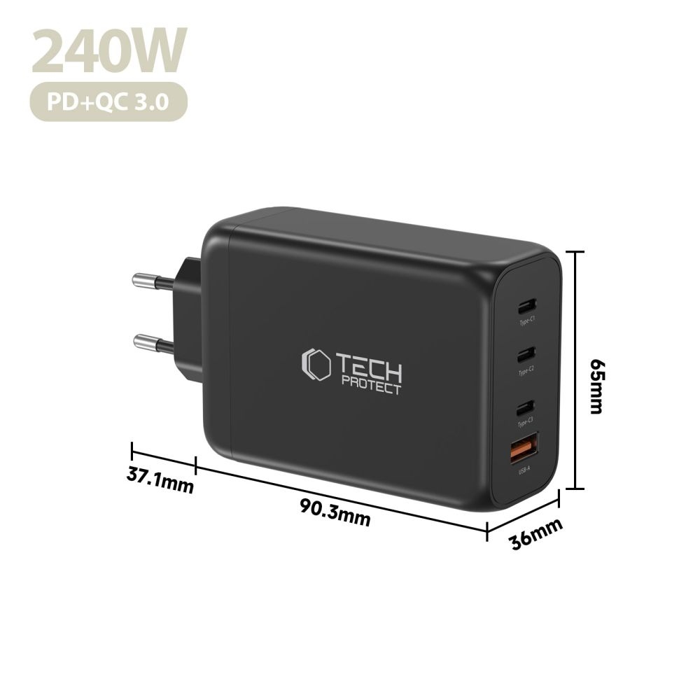Tech-Protect NC240W-GAN 4-portová nabíječka PD240W/QC3.0 - černá