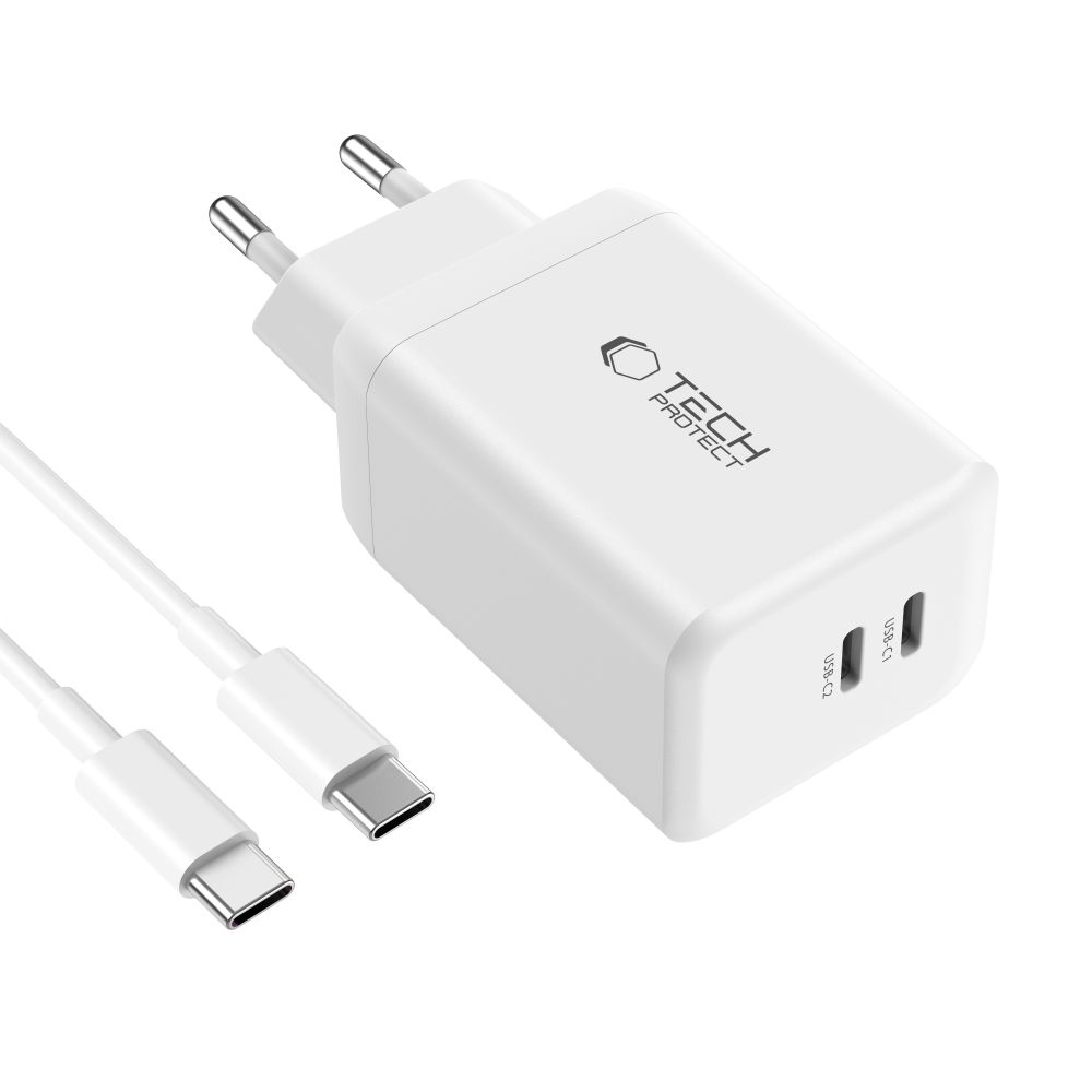 Tech-Protect NC45W-GAN 2-portová nabíječka PD45W + USB-C/USB-C kabel - bílá