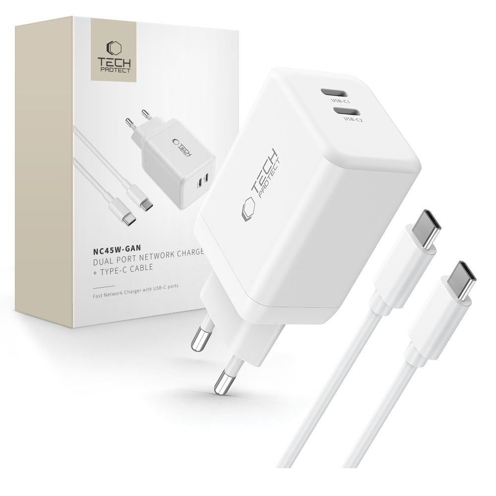 Tech-Protect NC45W-GAN 2-portová nabíječka PD45W + USB-C/USB-C kabel - bílá