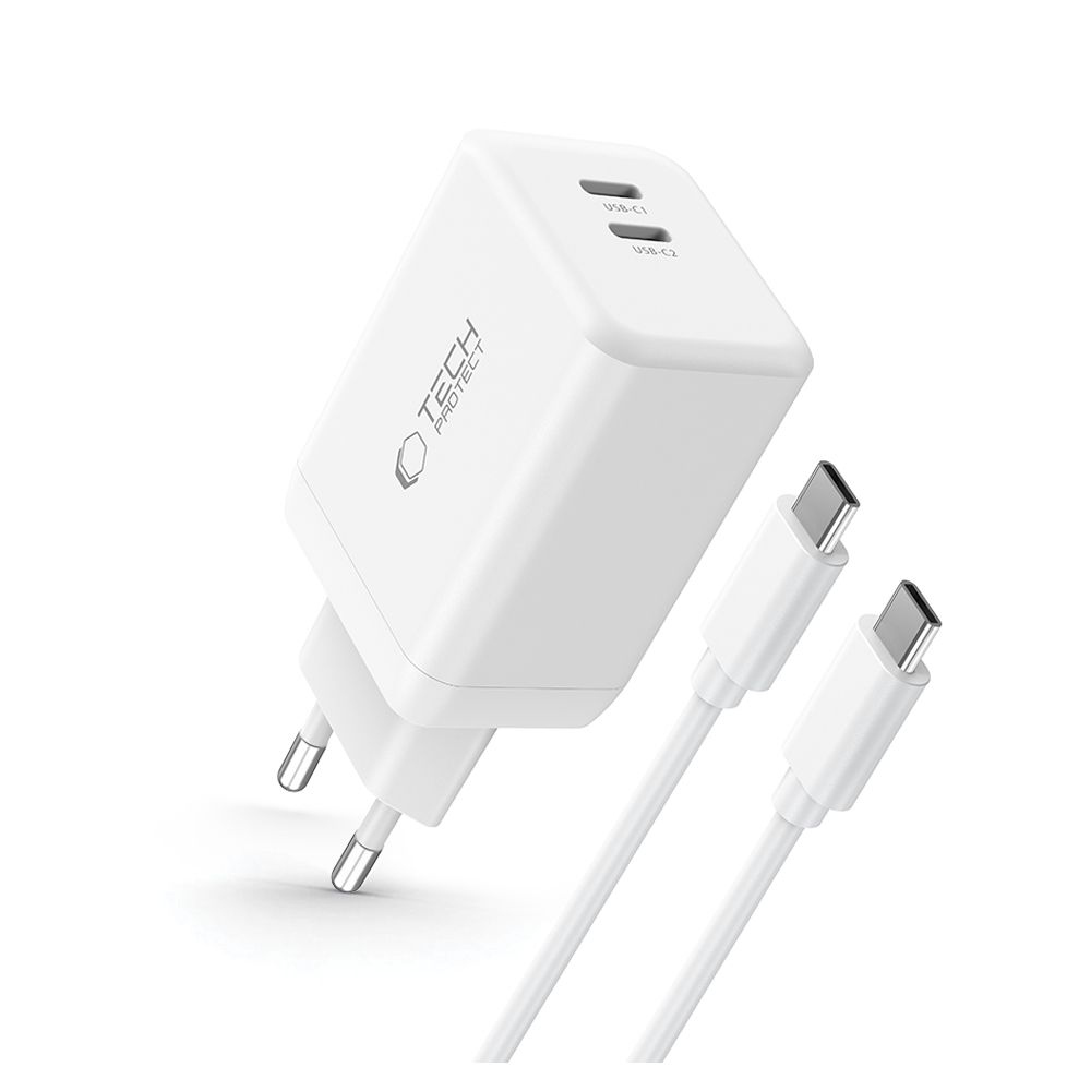 Tech-Protect NC45W-GAN 2-portová nabíječka PD45W + USB-C/USB-C kabel - bílá