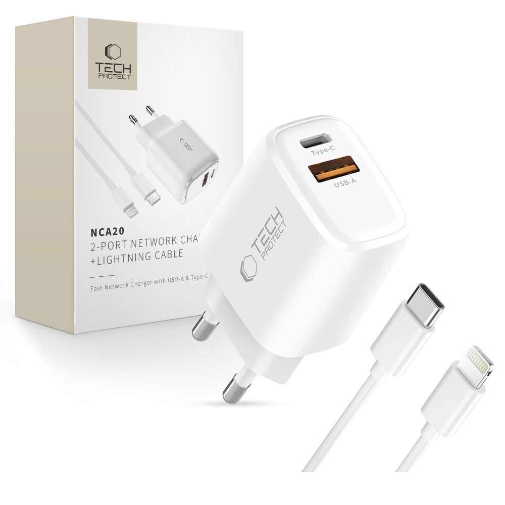 Tech-Protect NCA20 2-portová nabíječka PD 20W/QC3.0 + Lightning/USB-C kabel - bílá