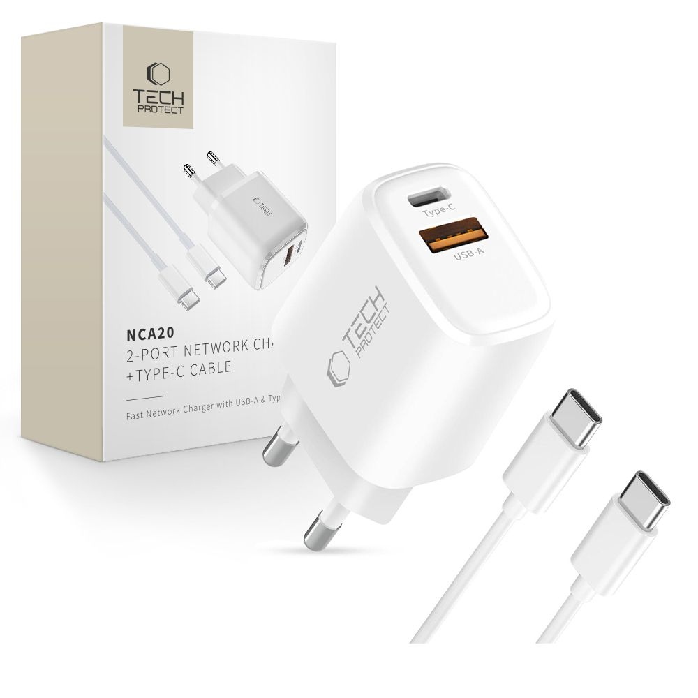 Tech-Protect NCA20 2-portová nabíječka PD 20W/QC3.0 + USB-C/USB-C kabel - bílá