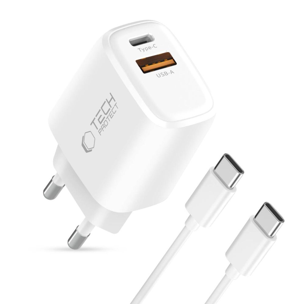Tech-Protect NCA20 2-portová nabíječka PD 20W/QC3.0 + USB-C/USB-C kabel - bílá