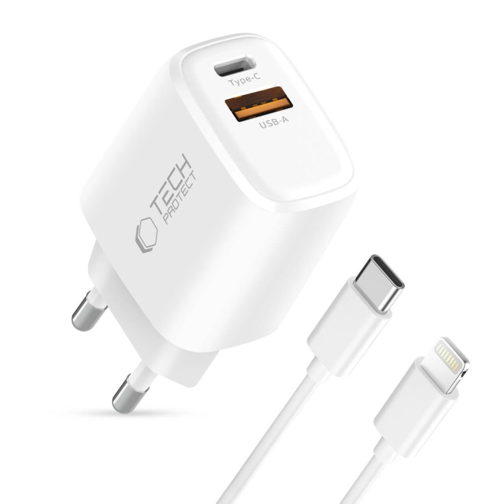 Tech-Protect NCA30 2-portová nabíječka PD 30W QC3.0 + Lightning kabel - bílá
