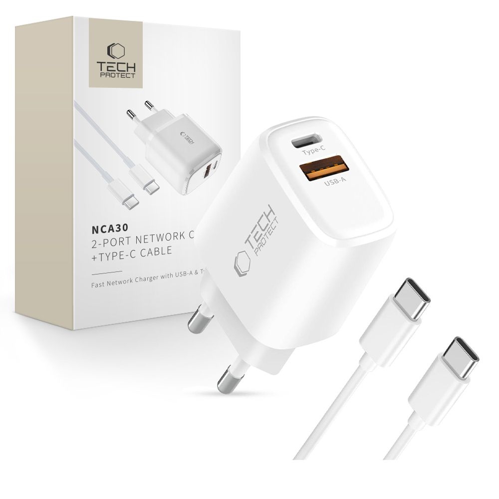 Tech-Protect NCA30 2-portová nabíječka PD 30W QC3.0 + USB-C/USB-C kabel - bílá