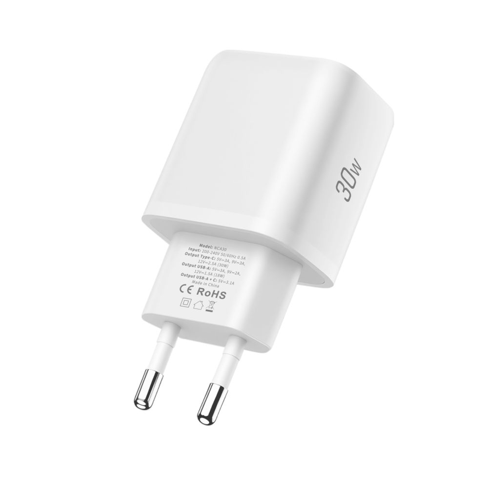 Tech-Protect NCA30 2-portová nabíječka PD 30W QC3.0 + USB-C/USB-C kabel - bílá